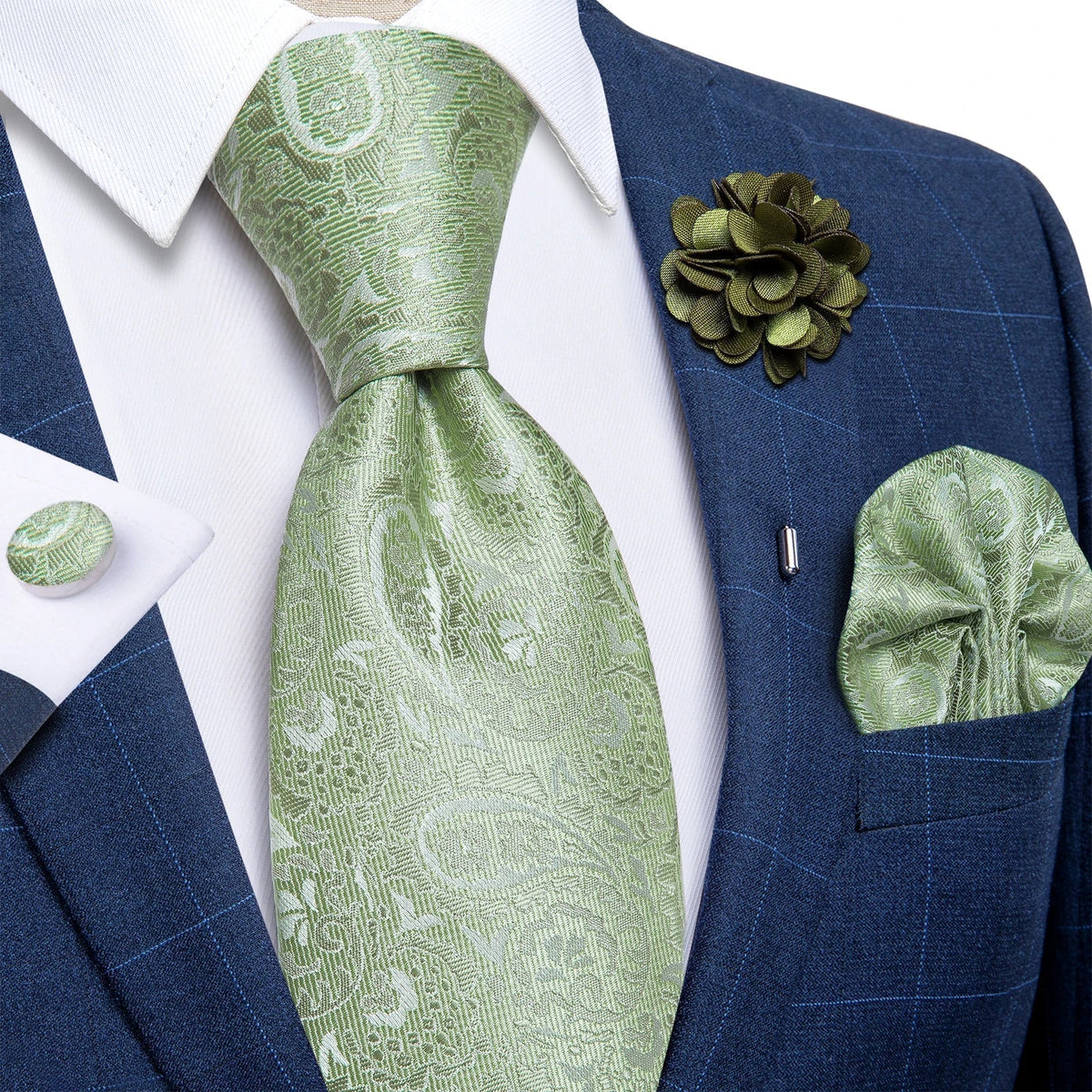 JASE HEART GLOBAL sage green paisley silk necktie set with matching pocket square, lapel flower, and cufflinks.