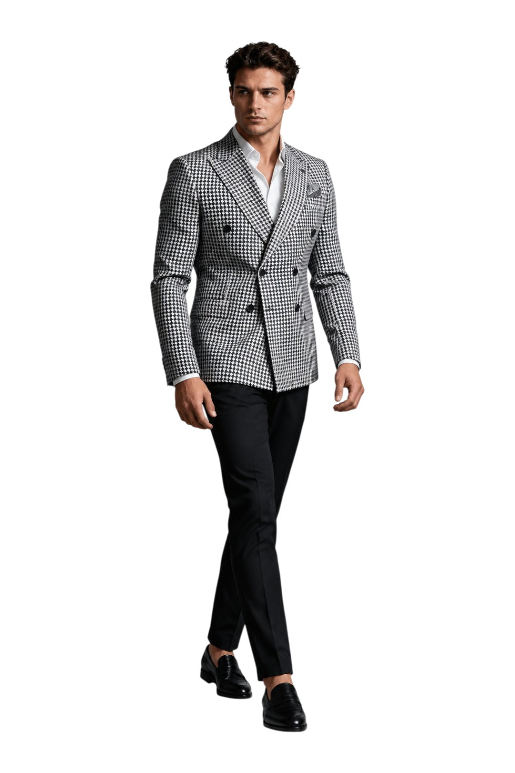 A man modeling a double-breasted blazer with a black and white houndstooth pattern, paired with a white dress shirt and black trousers, set against a textured gray studio background with a 'UA' logo in the top left corner.