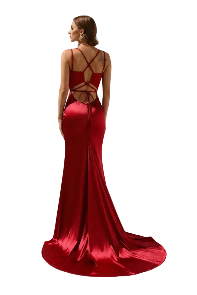 Red evening gown with cut-out back design on a white background