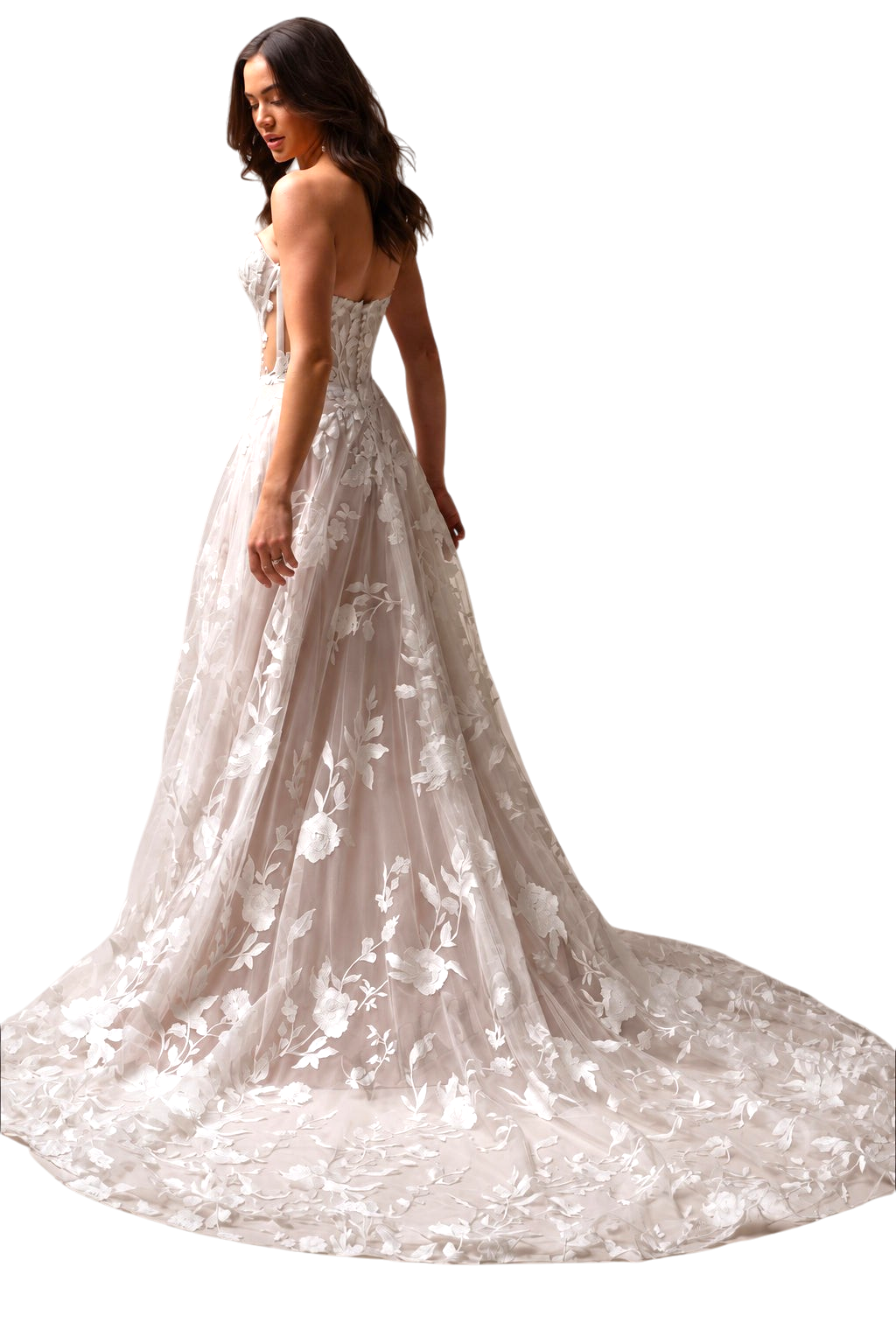 JASE Heart bridal gown with white floral applique, corset bodice, and long flowing skirt with a train.