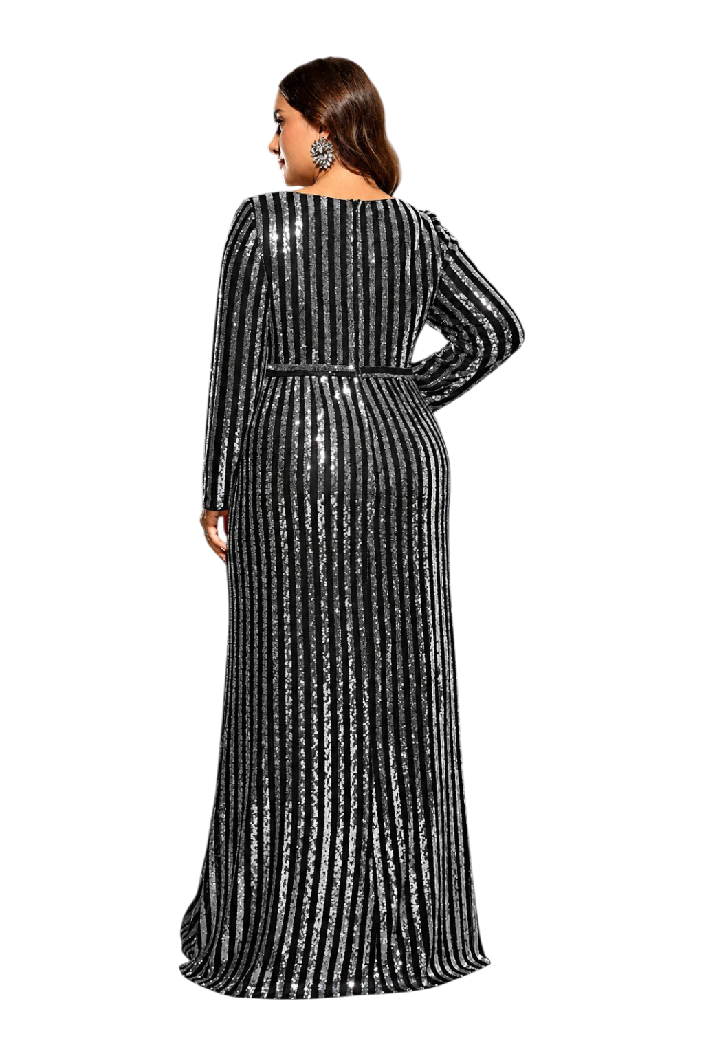 JASE Heart plus size Radiant Vanguard gown featuring black and silver vertical sequin stripes and a belted waist