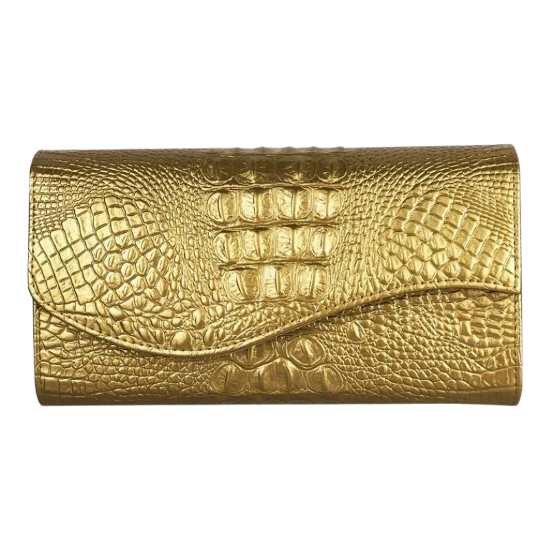 JASE HEART GLOBAL gold metallic envelope clutch with a textured crocodile skin pattern for formal evening wear