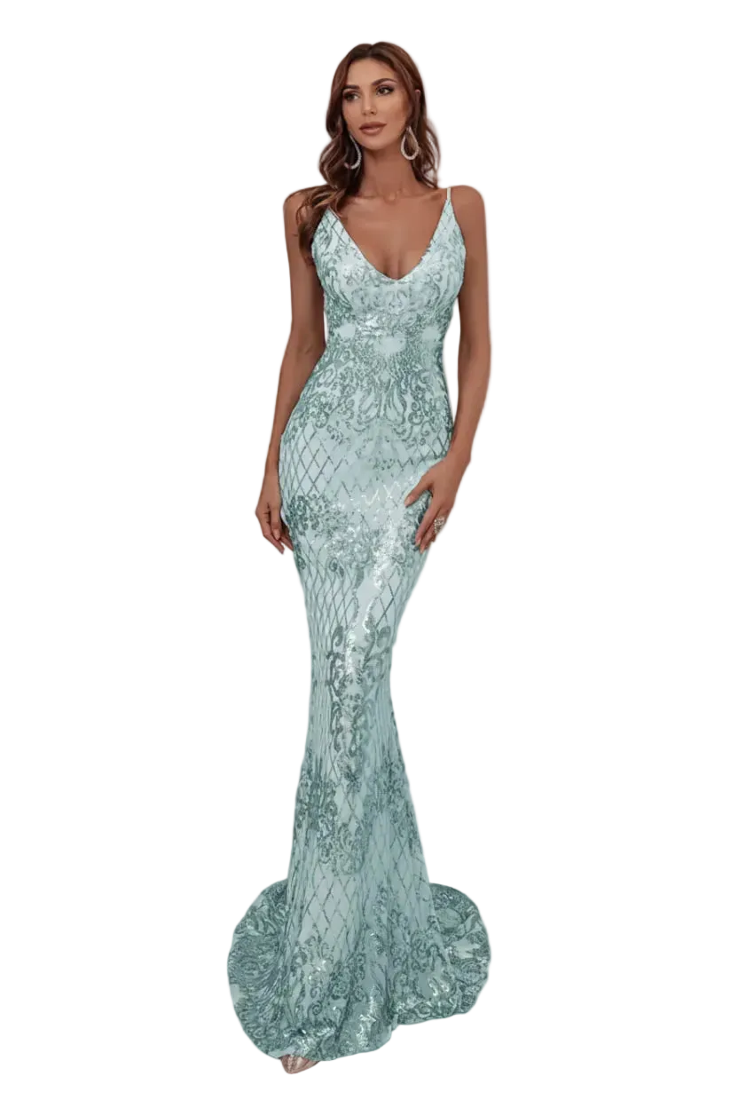 Woman wearing a light blue sequin evening gown on a white background