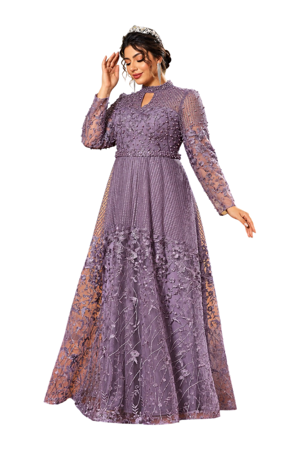 JASE Heart purple long-sleeve evening gown with intricate floral embroidery, pearl embellishments, and a high neckline.
