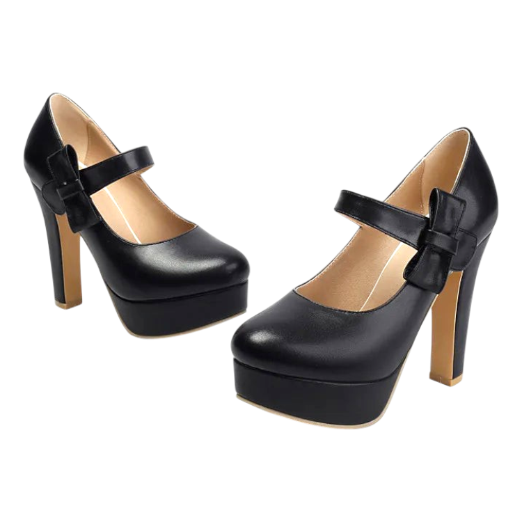 JASE Heart black platform Mary Jane heels with a bow detail and high block heel