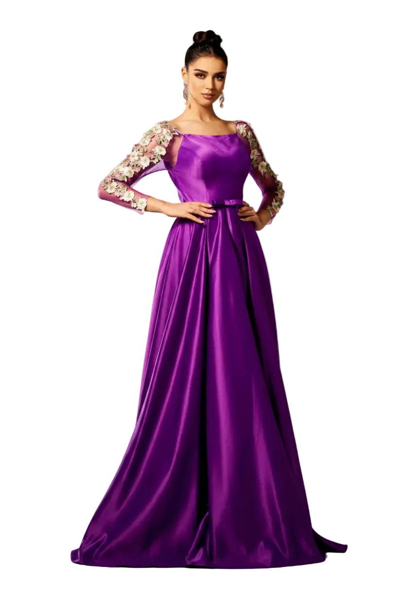 Purple evening gown with floral sleeves on a white background