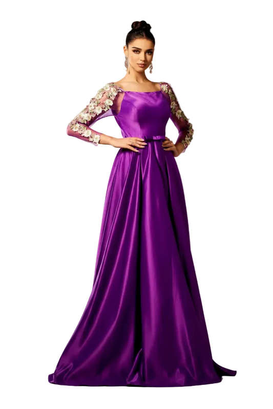 Purple evening gown with floral sleeves on a white background
