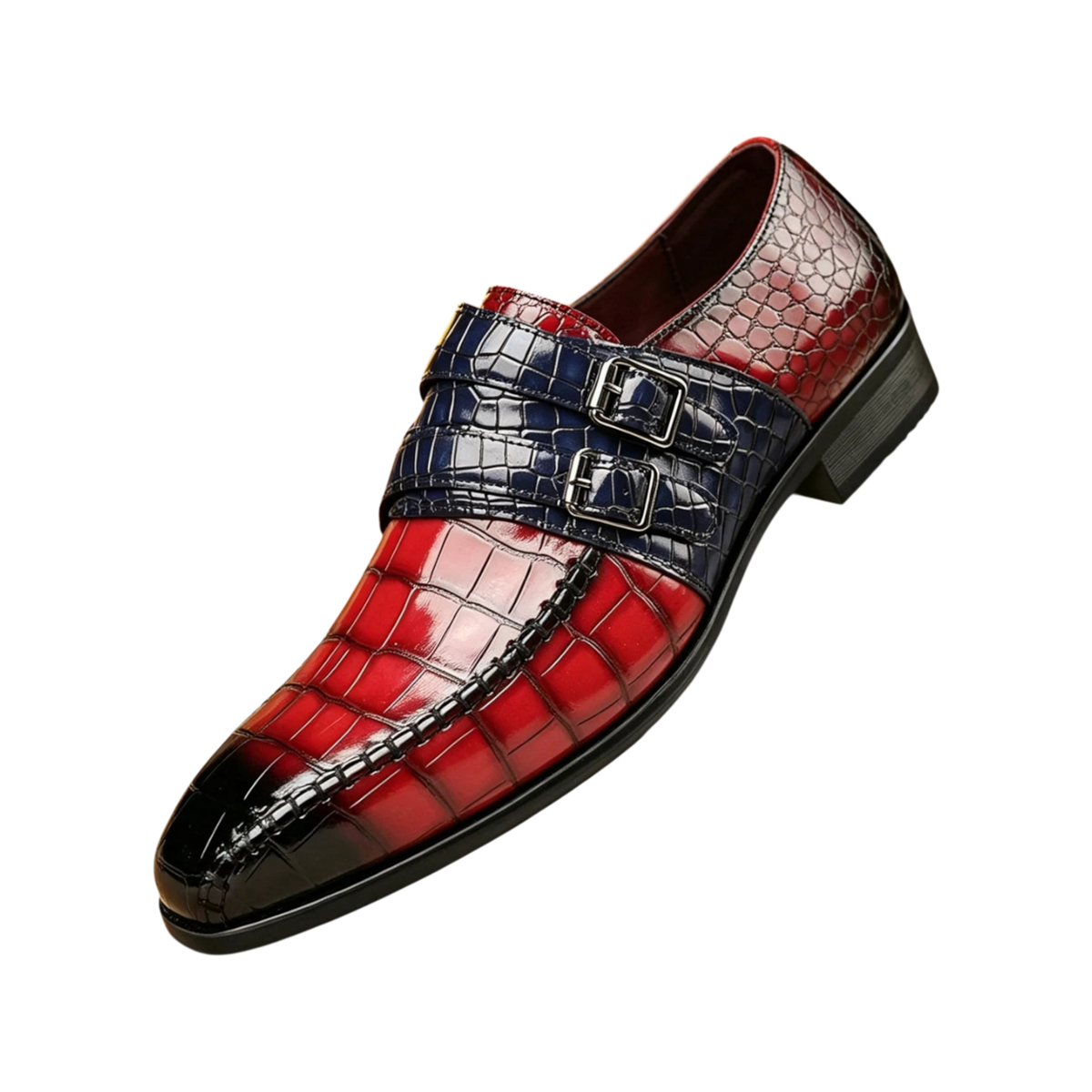 JASE Heart Royal Alligator double monk strap dress shoes in red, blue, and black embossed leather with a glossy finish.