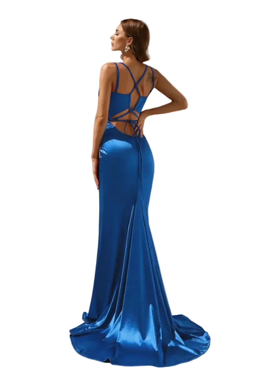 Blue evening gown with cut-out back design on a white background