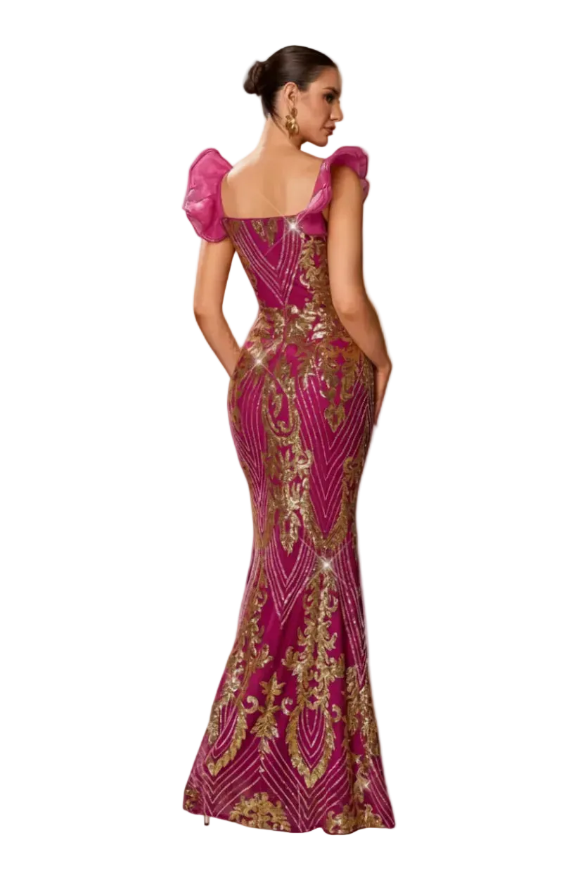 Woman wearing a pink and gold evening gown on a white background