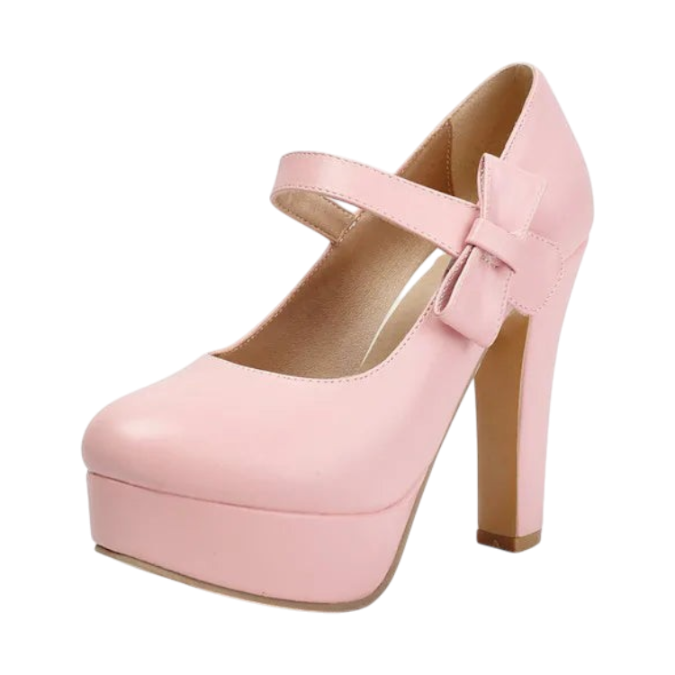 JASE Heart Vintage Coquette light pink platform Mary Jane heels with a side bow strap and high block heel