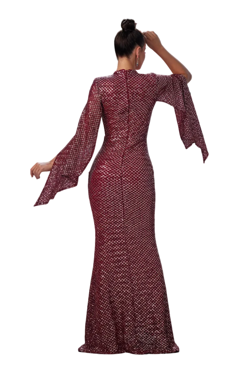 Woman wearing a red patterned dress with sheer sleeves against a light blue background