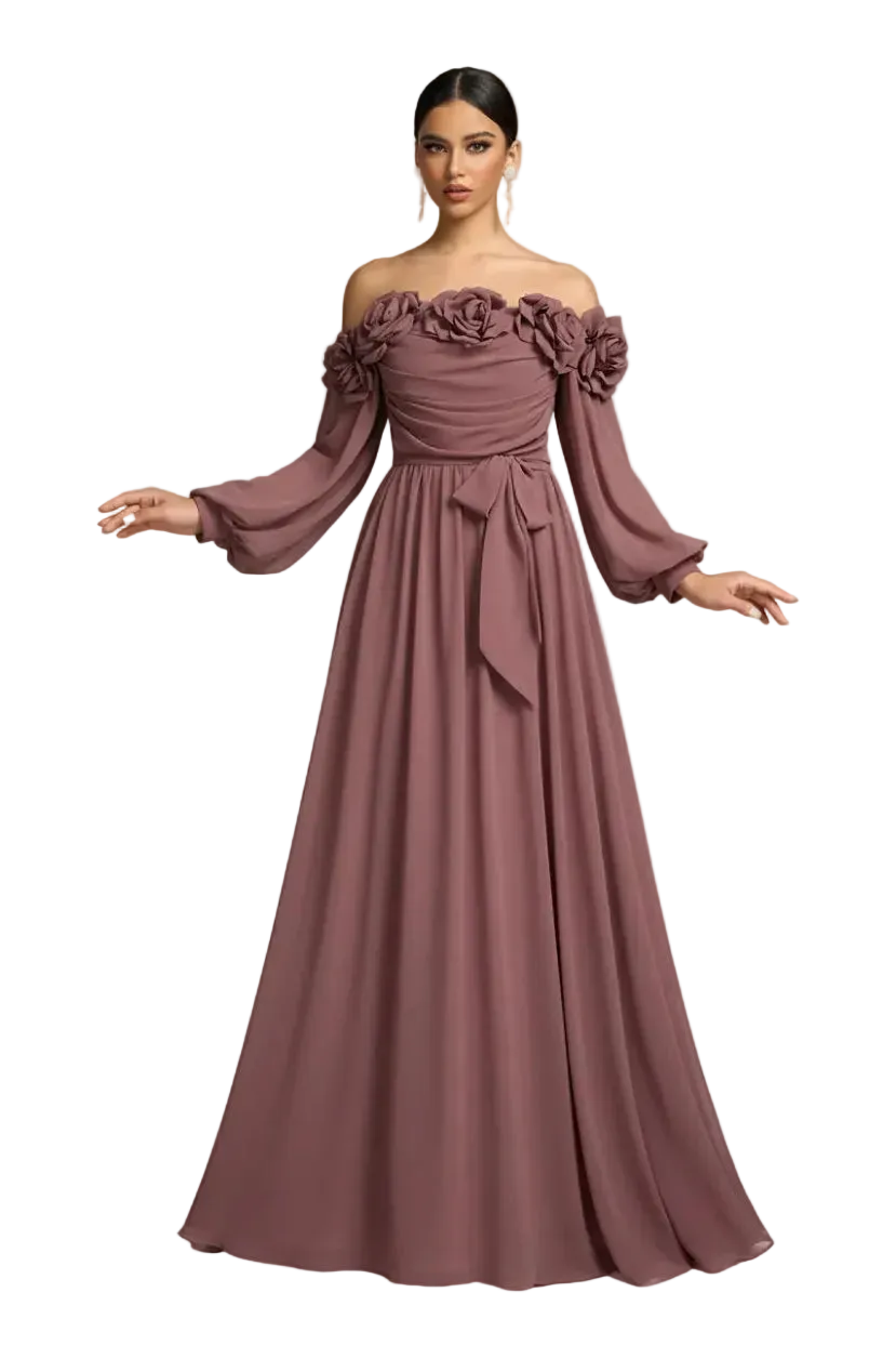 Woman wearing a mauve off-shoulder gown with long sleeves on a gray background