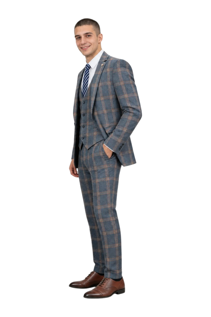 JASE Heart three-piece suit in blue plaid with brown check pattern, worn by a man with a white shirt and striped tie