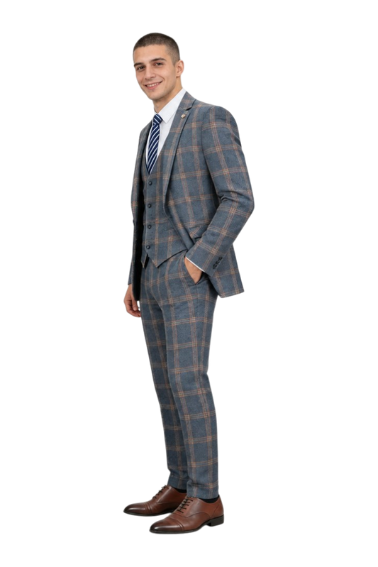 JASE Heart three-piece suit in blue plaid with brown check pattern, worn by a man with a white shirt and striped tie