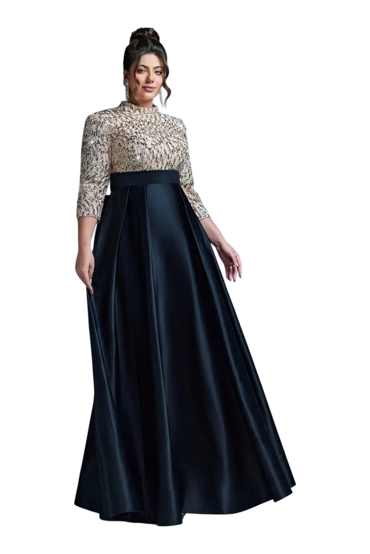 JASE Heart Imperial Brocade plus size evening gown with gold sequin bodice and black satin floor-length skirt