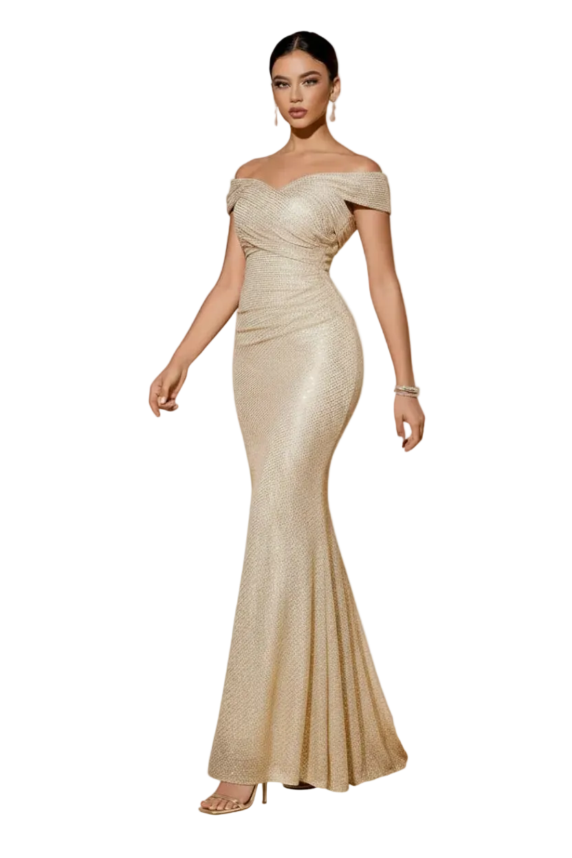 A woman modeling a floor-length off-the-shoulder champagne gold sequined gown with a fitted silhouette and flared mermaid hem, shown against a plain white background.