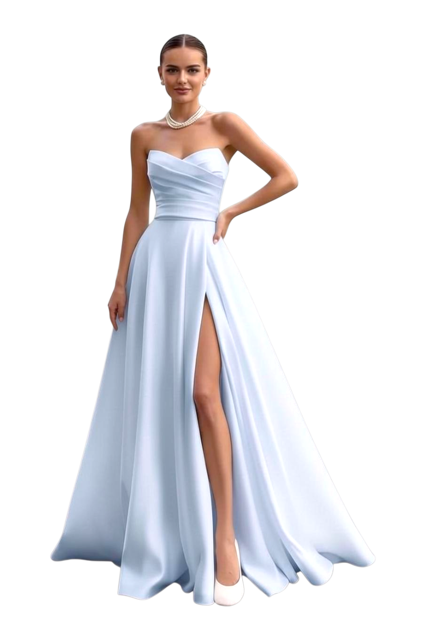 JASE Heart light blue strapless satin evening gown with a sweetheart neckline and a high leg slit on a model