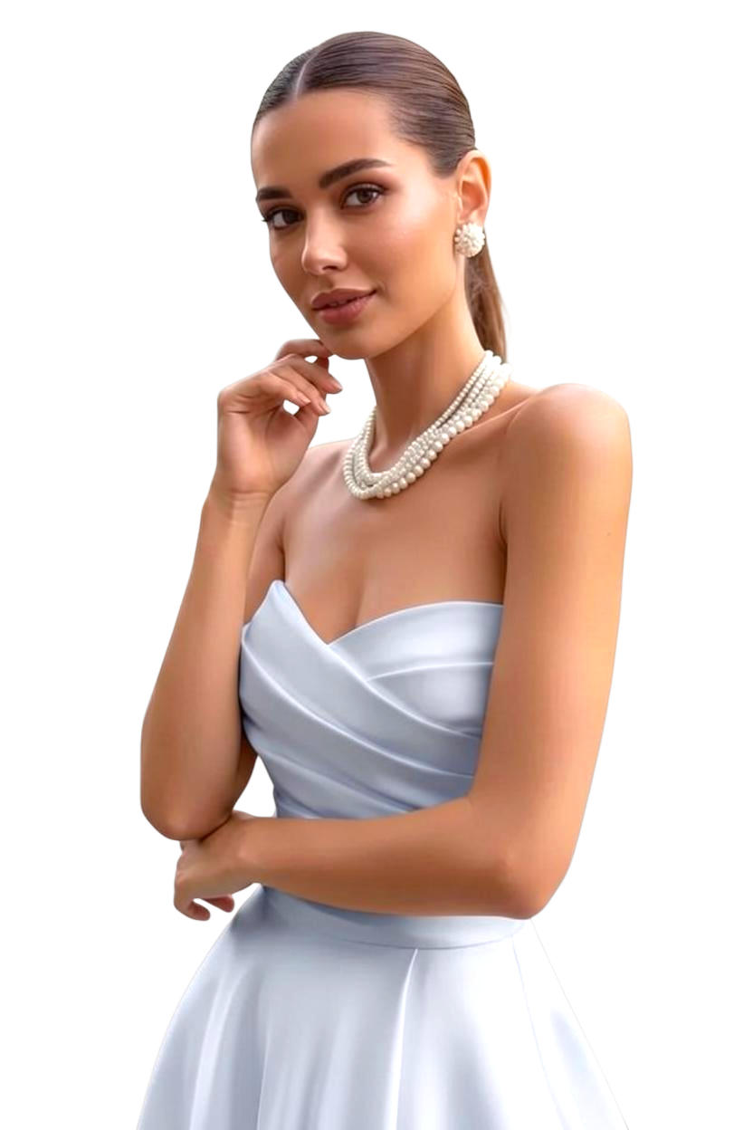 JASE Heart strapless light blue satin evening gown with a pleated sweetheart bodice, styled with a pearl necklace.