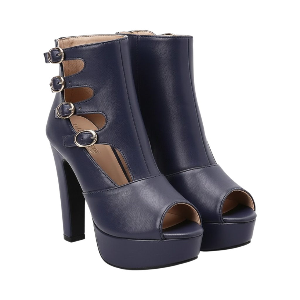 JASE Heart Radiant Gladiator navy blue peep-toe ankle boots with buckle straps and high block heels