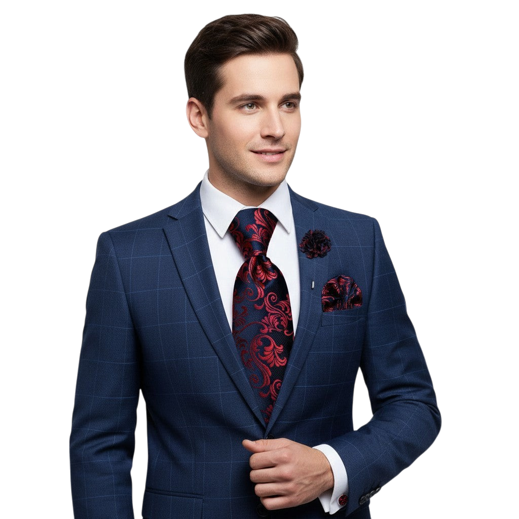 JASE HEART GLOBAL man in a navy blue suit wearing a red and black floral silk necktie with matching pocket square