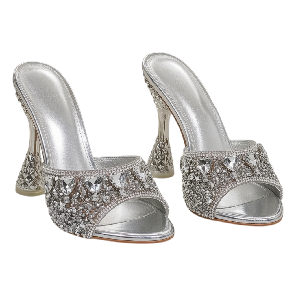 JASE HEART GLOBAL silver high-heel mules with crystal embellishments and a unique geometric sculpted heel