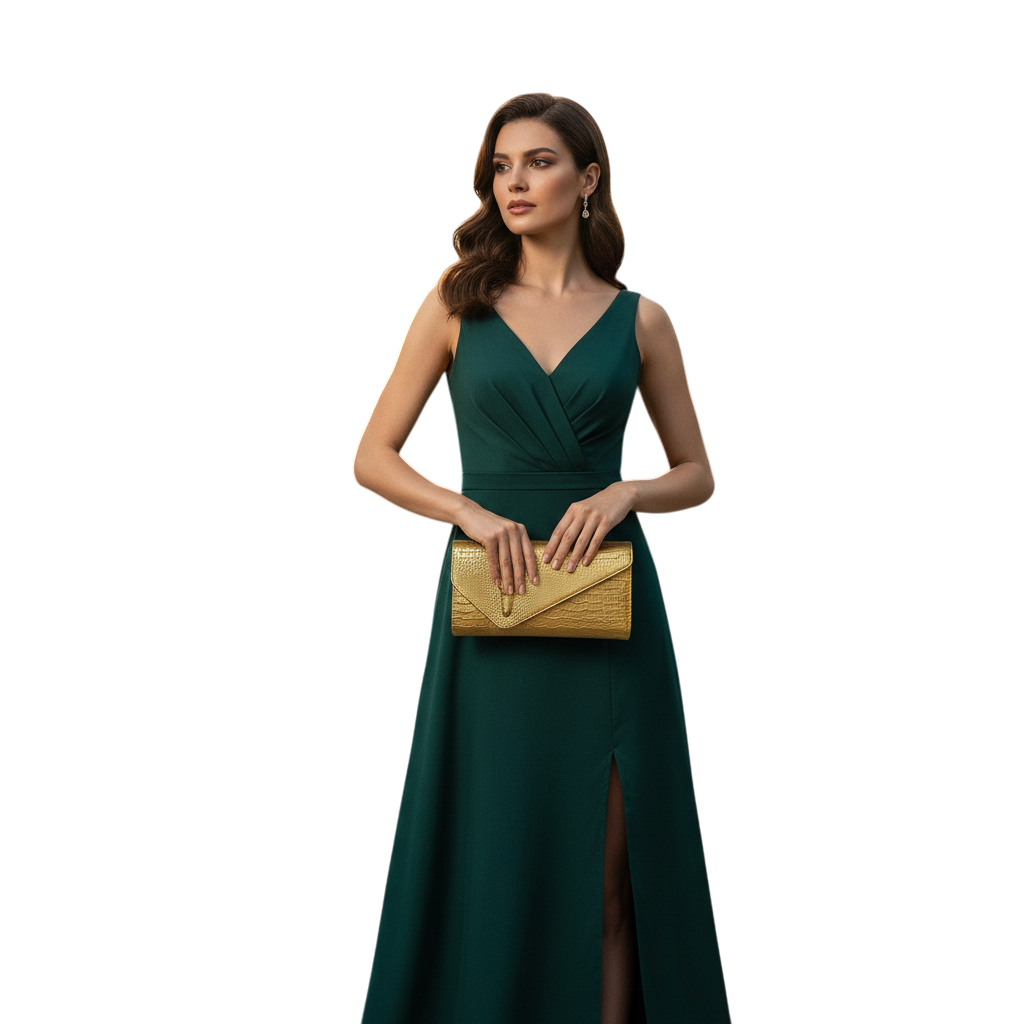 JASE HEART GLOBAL model in a dark green evening gown holding a metallic gold crocodile-textured envelope clutch