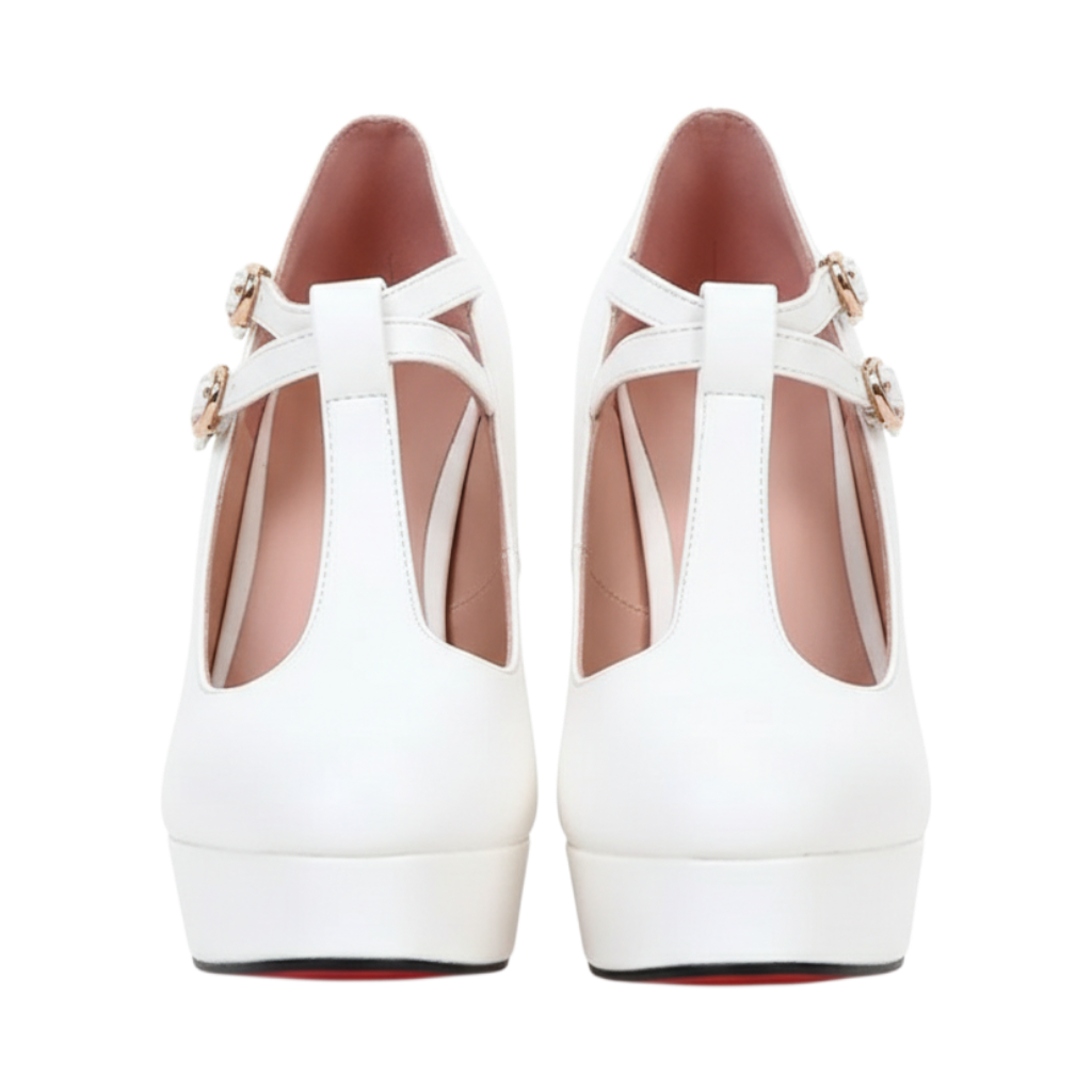 JASE Heart white platform T-strap heels with gold buckles and a high block heel, front view.