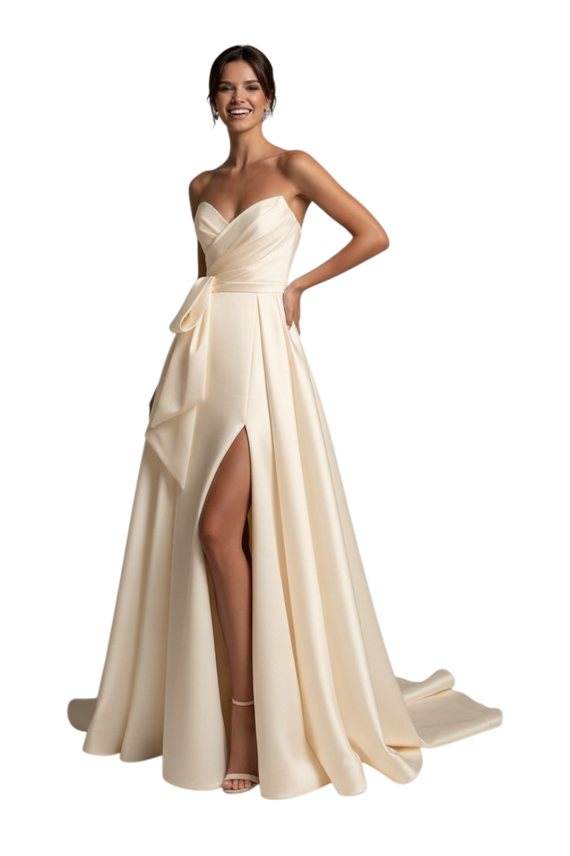JASE Heart Radiant Bow strapless ivory satin bridal gown with a side slit and waist bow detail on a smiling model