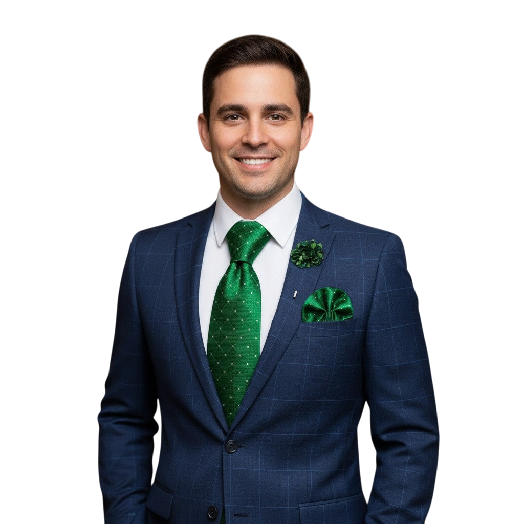 JASE HEART GLOBAL man wearing a navy blue plaid suit with a green polka dot silk tie and matching pocket square