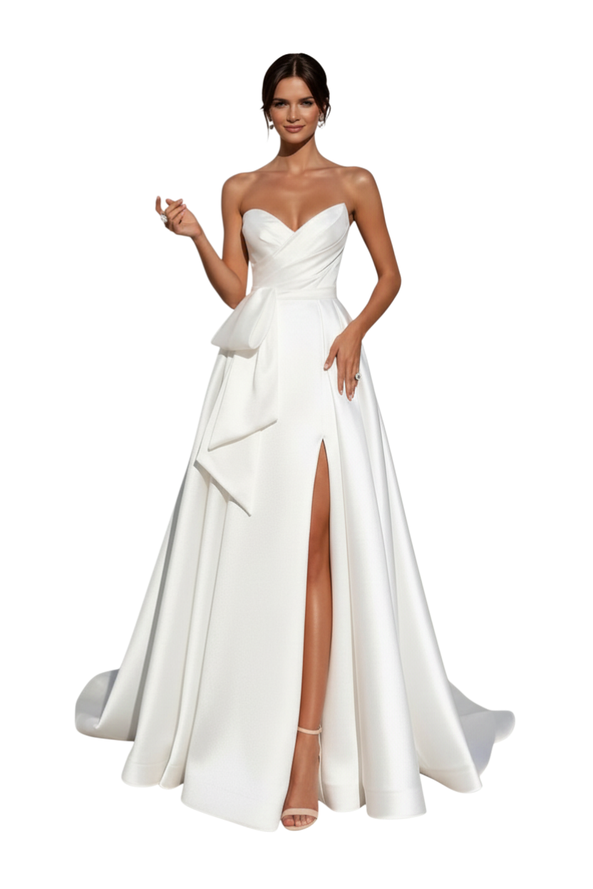 JASE Heart strapless white wedding dress with a sweetheart neckline, gathered bodice, waist bow, and high leg slit.