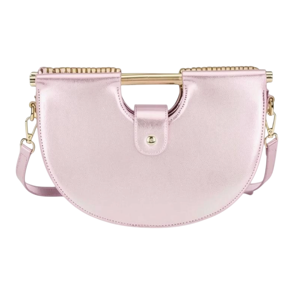 JASE HEART GLOBAL Liquid Half-Moon metallic pink crescent handbag with a gold metal top handle and shoulder strap.