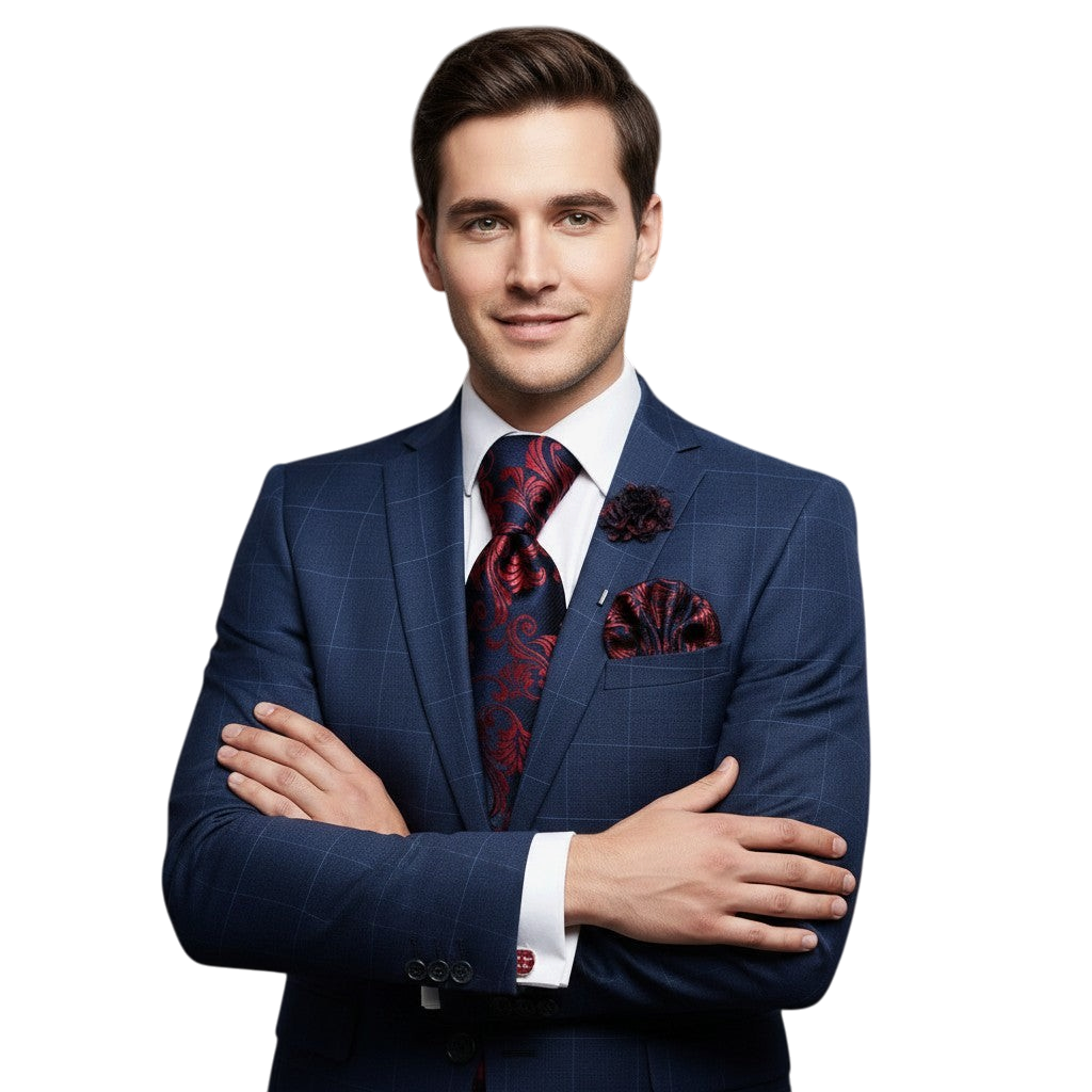 JASE HEART GLOBAL man in a navy blue plaid suit wearing a red and navy paisley silk necktie and matching pocket square