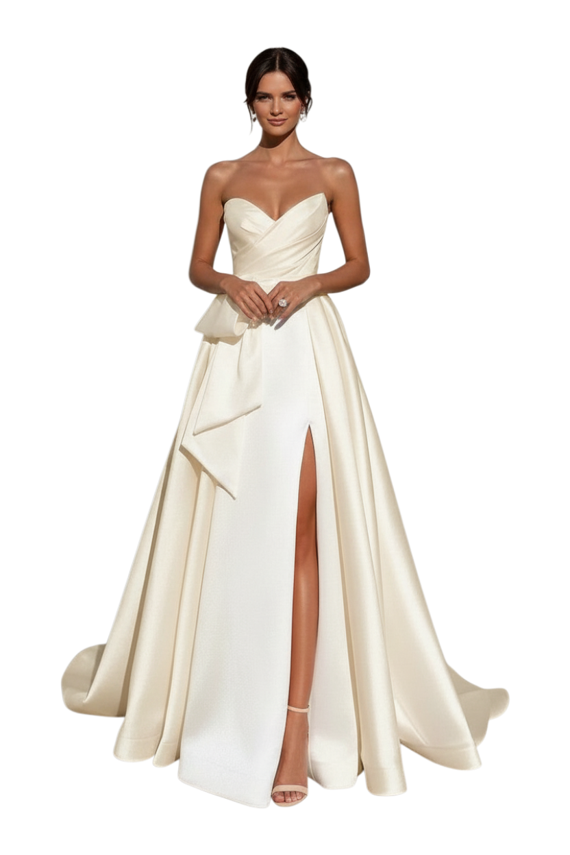 JASE Heart Radiant Bow strapless ivory satin wedding dress with a sweetheart neckline, side bow, and high leg slit.
