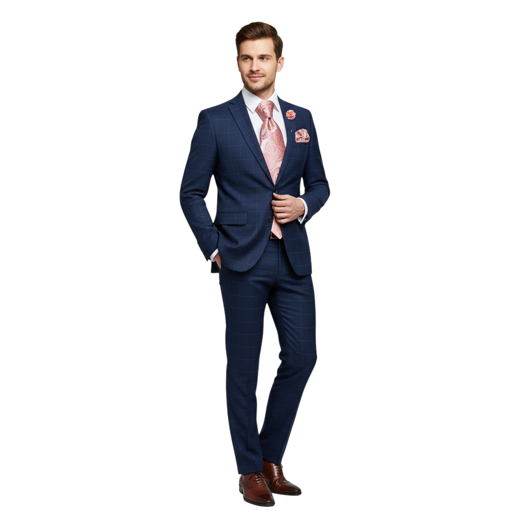 JASE HEART GLOBAL man wearing a navy blue plaid suit with a pink paisley silk tie and matching pocket square