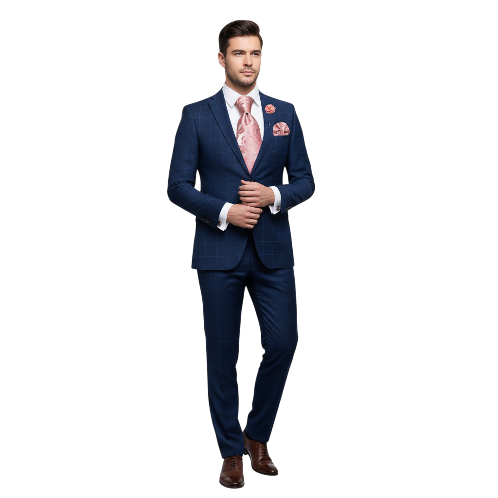 JASE HEART GLOBAL navy blue plaid suit with a pink paisley silk tie and matching pocket square worn by a man