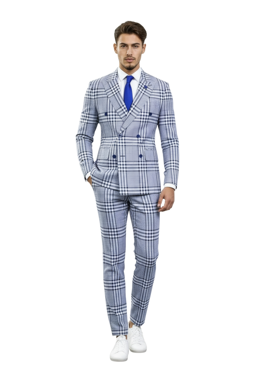 JASE Heart Royal Tartan double-breasted suit in light blue plaid with a white shirt, blue tie, and white sneakers.