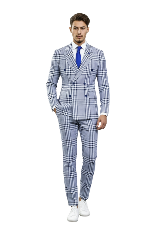 JASE Heart Royal Tartan double-breasted suit in light blue plaid with a white shirt, blue tie, and white sneakers.