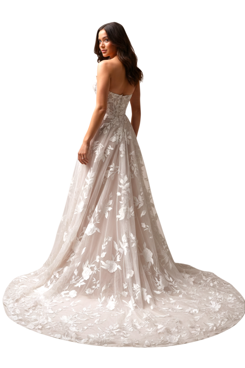 JASE Heart strapless A-line wedding dress with white floral applique and a long train on a model