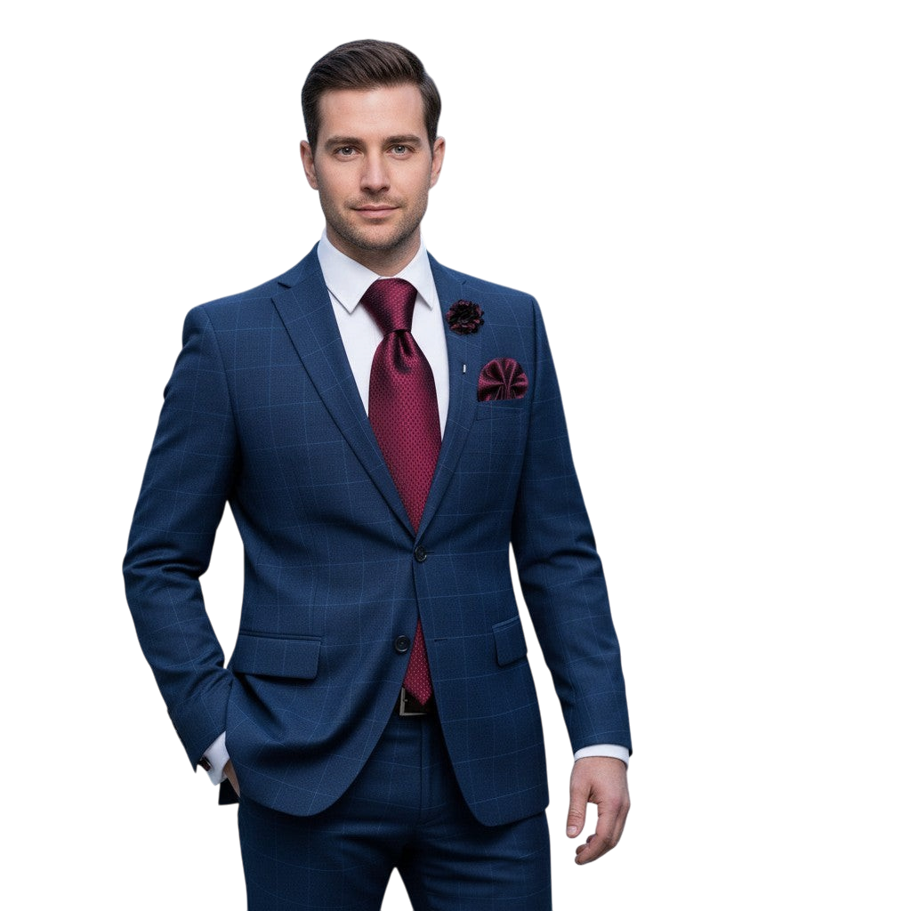 JASE HEART GLOBAL man wearing a navy blue plaid suit with a deep red textured tie and matching pocket square