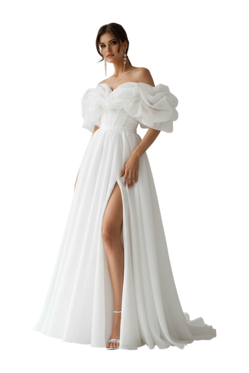 JASE Heart Ethereal Volante white off-the-shoulder wedding dress with puff sleeves and a high leg slit