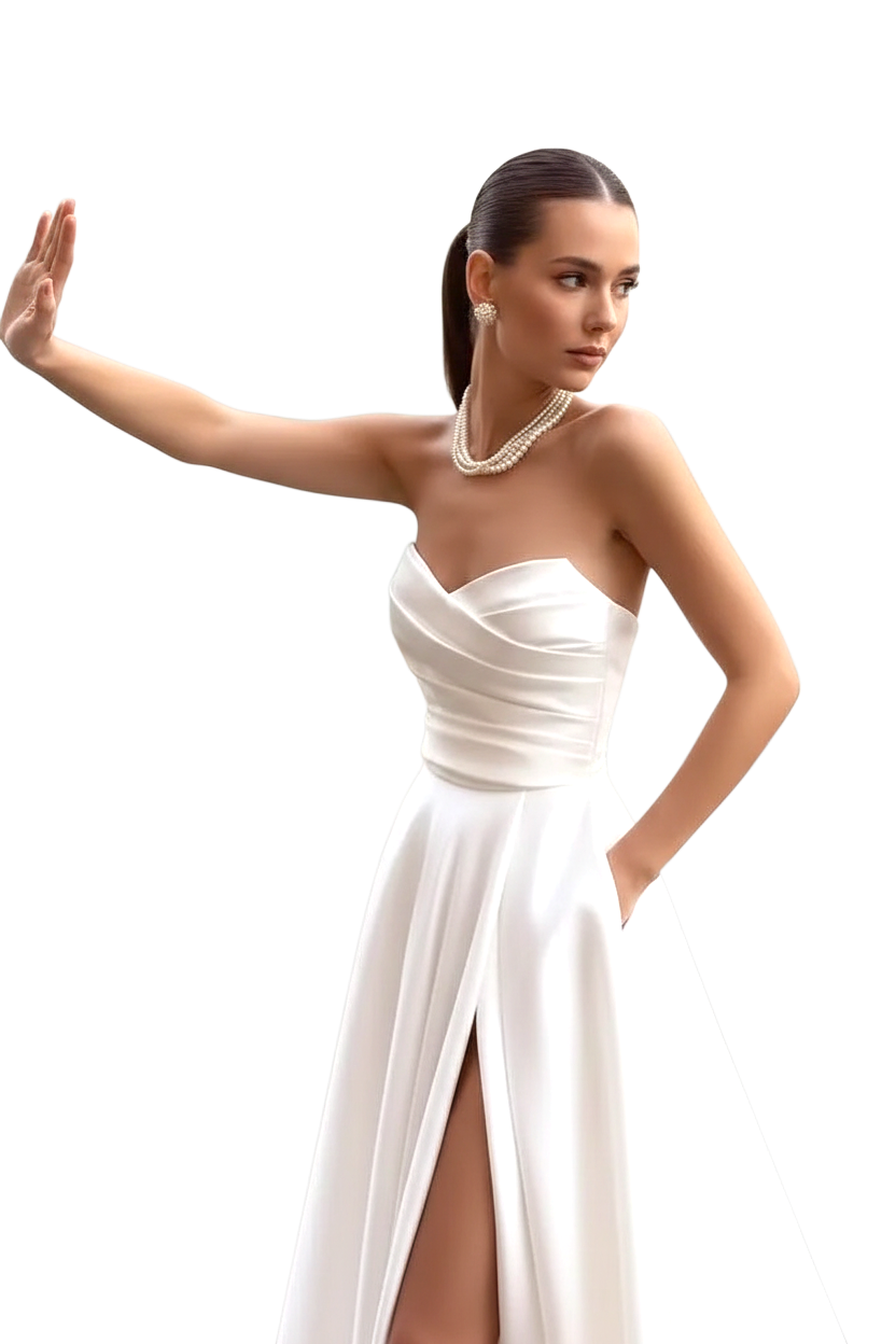 JASE Heart Radiant Silhouette strapless white satin bridal gown with a pleated bodice and high leg slit