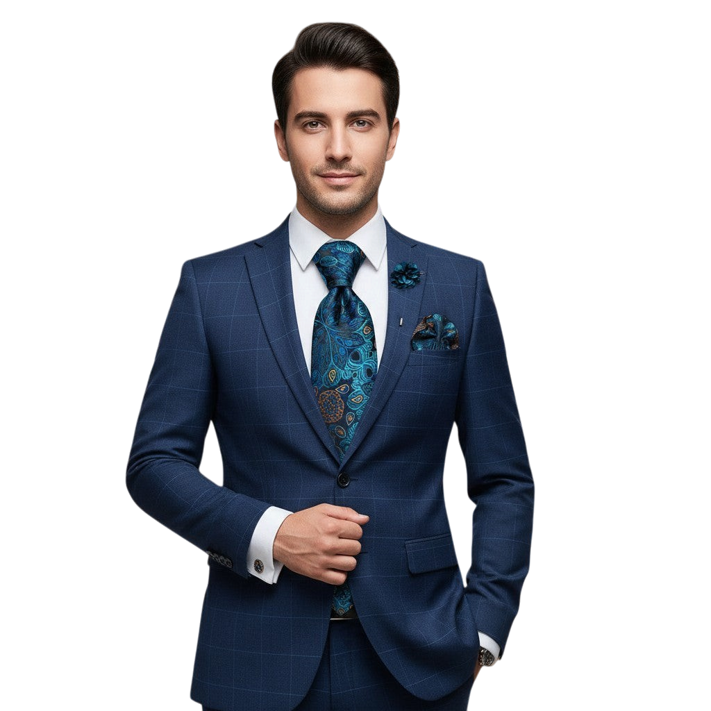 JASE HEART GLOBAL man in a blue plaid suit wearing a teal patterned silk necktie and matching pocket square