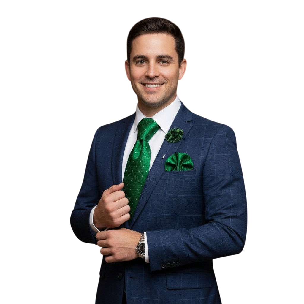 JASE HEART GLOBAL man in a navy blue plaid suit wearing a green patterned silk necktie and matching pocket square