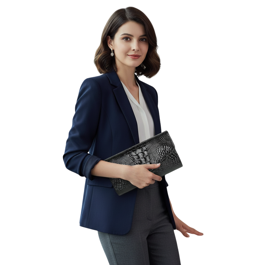 JASE HEART GLOBAL professional woman in a navy blazer holding a black crocodile-textured leather envelope clutch