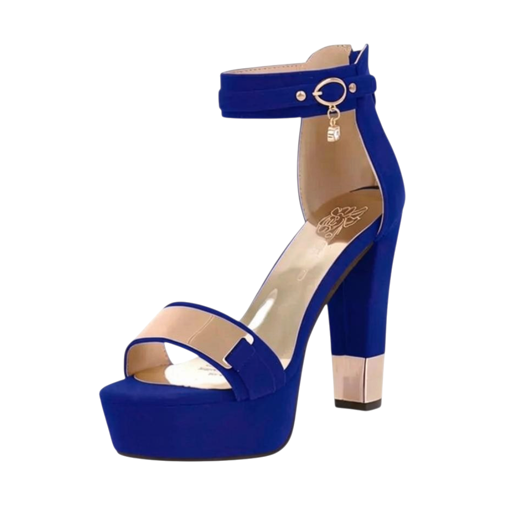 JASE HEART GLOBAL royal blue velvet platform high heels with gold metallic accents and an ankle strap charm