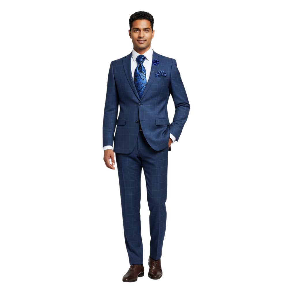 JASE HEART GLOBAL model wearing a blue plaid suit with a matching paisley silk necktie and pocket square
