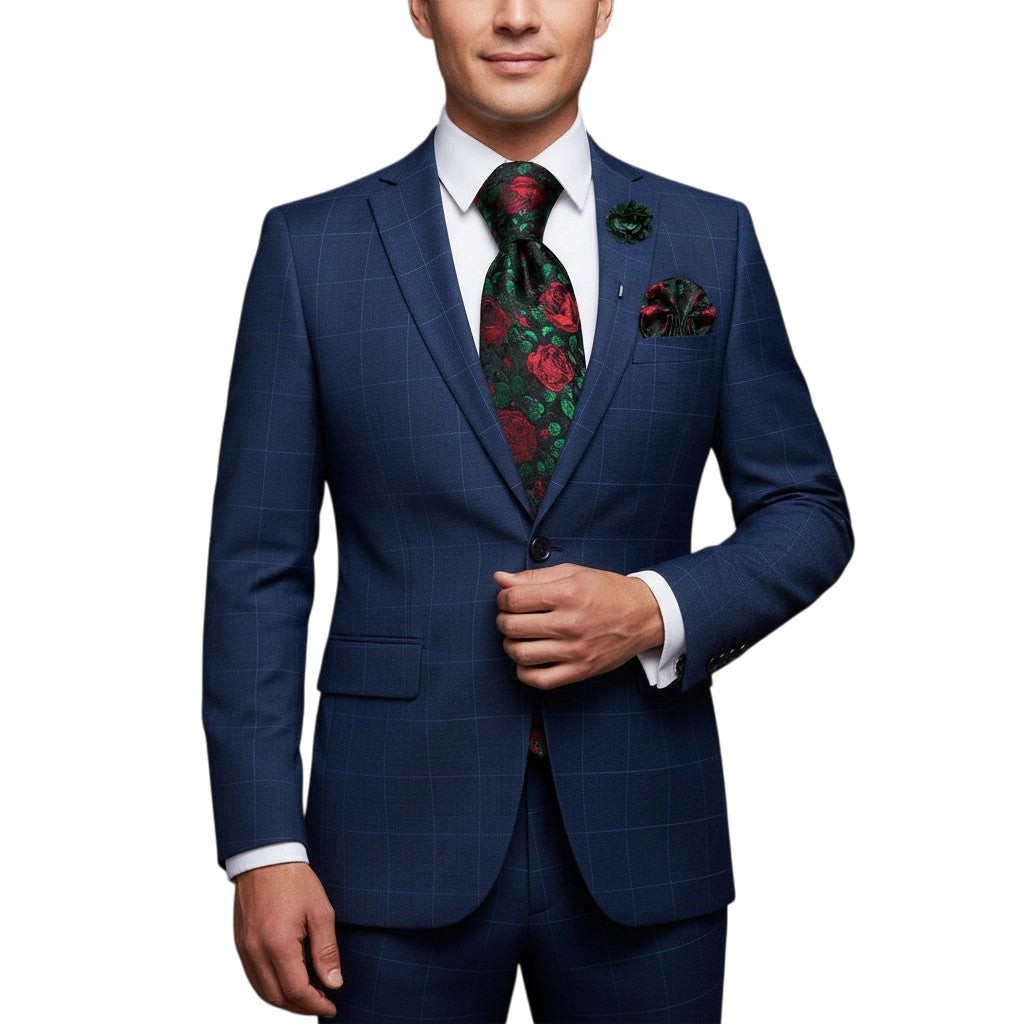 JASE HEART GLOBAL man wearing a blue plaid suit with a dark green floral tapestry necktie and matching pocket square