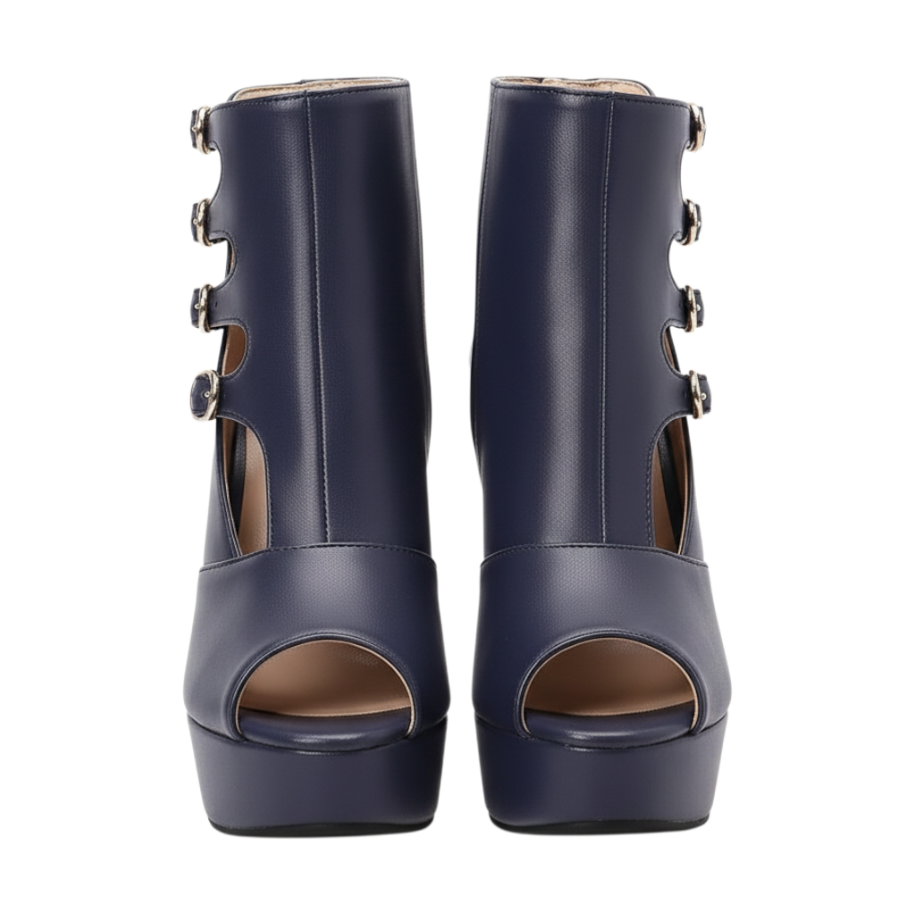 JASE Heart Radiant Gladiator navy blue peep-toe platform boots with side buckle straps and cut-out details