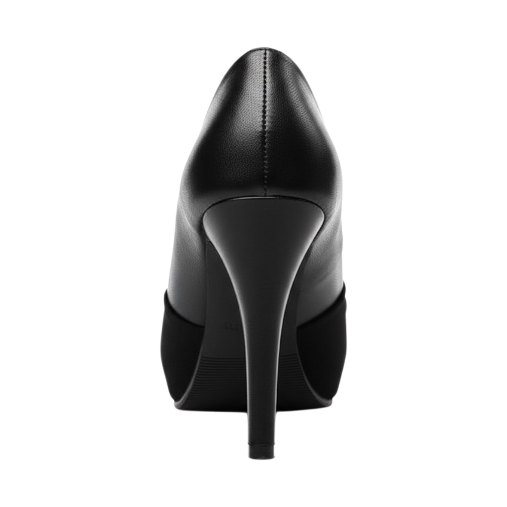 JASE Heart black stiletto heel pump viewed from the back, featuring a smooth finish and elegant high heel design.